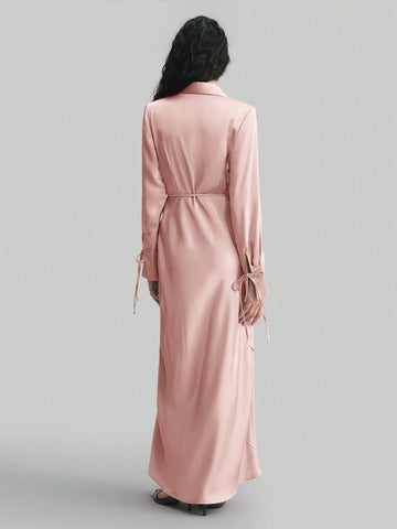 Women's Lapel Long Sleeve Tied V-Neck Loose  Midi Dress