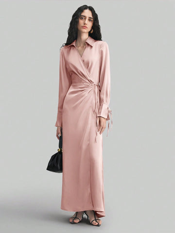 Women's Lapel Long Sleeve Tied V-Neck Loose  Midi Dress