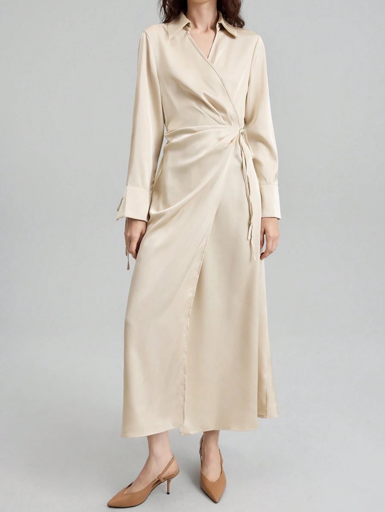 Women's Lapel Long Sleeve Tied V-Neck Loose Midi Dress shein