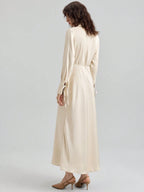 Women's Lapel Long Sleeve Tied V-Neck Loose Midi Dress shein