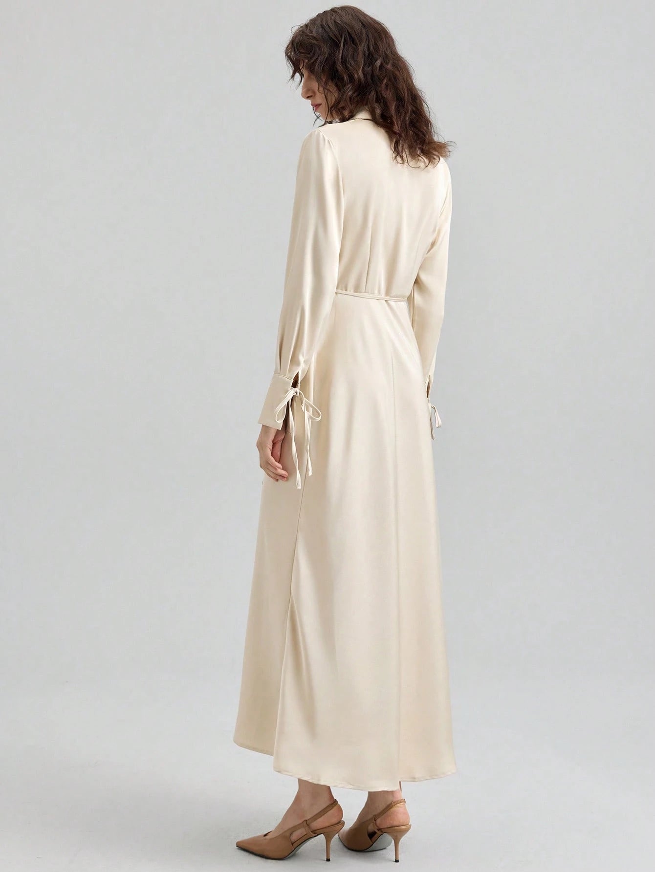 Women's Lapel Long Sleeve Tied V-Neck Loose Midi Dress shein