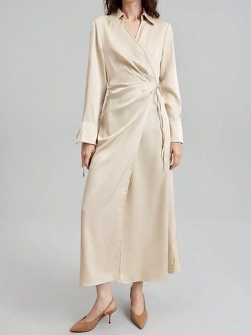 Women's Lapel Long Sleeve Tied V-Neck Loose  Midi Dress