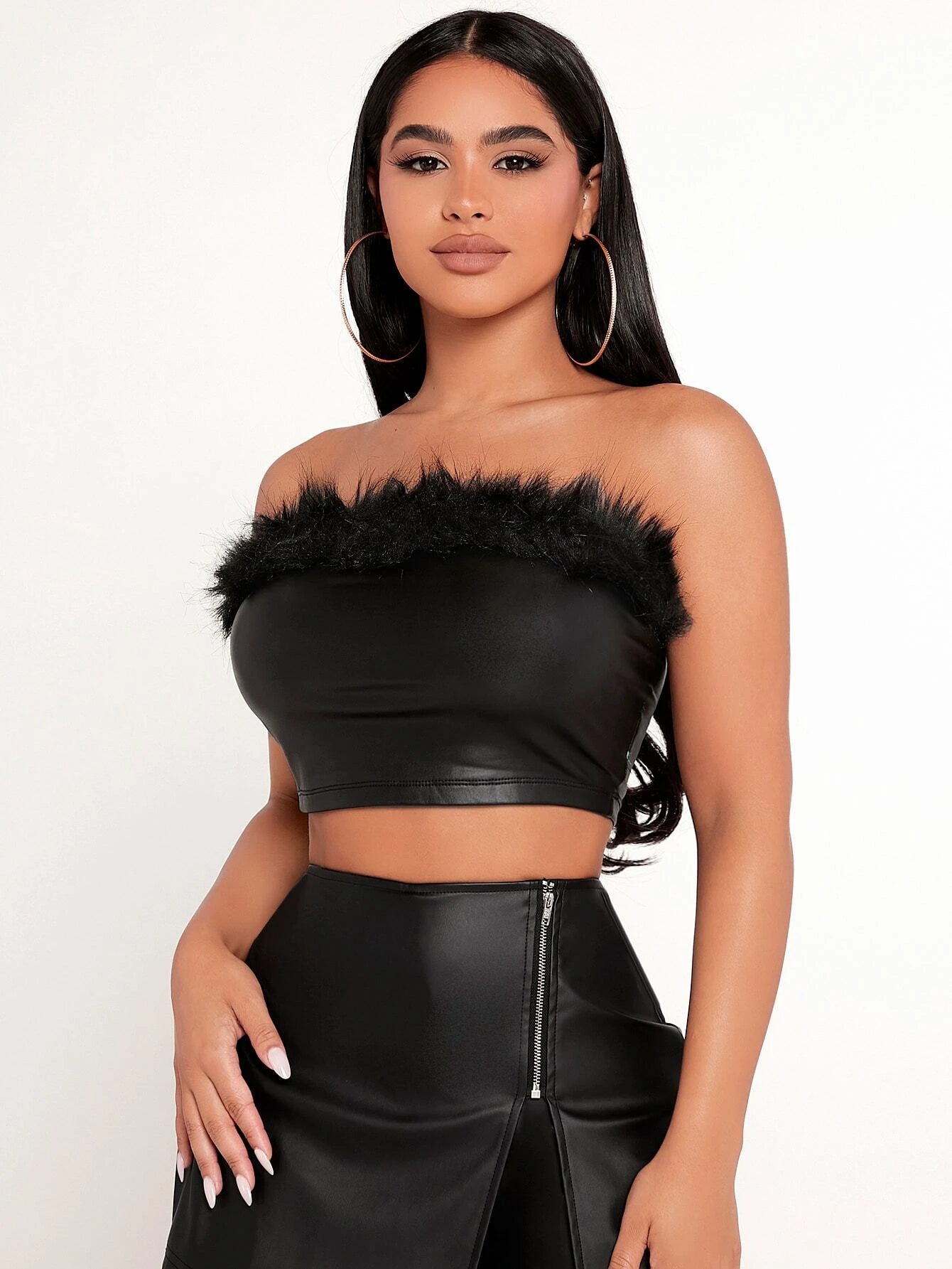 PETITE Fuzzy Trim PU Leather Tube Top shein