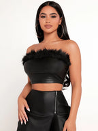 PETITE Fuzzy Trim PU Leather Tube Top shein