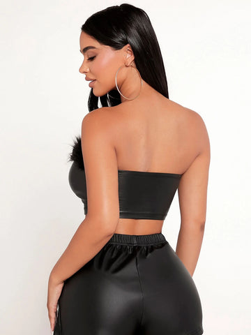 PETITE Fuzzy Trim PU Leather Tube Top shein