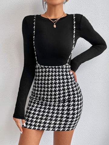 PETITE Round Neck Tee & Houndstooth Print Suspender Skirt shein