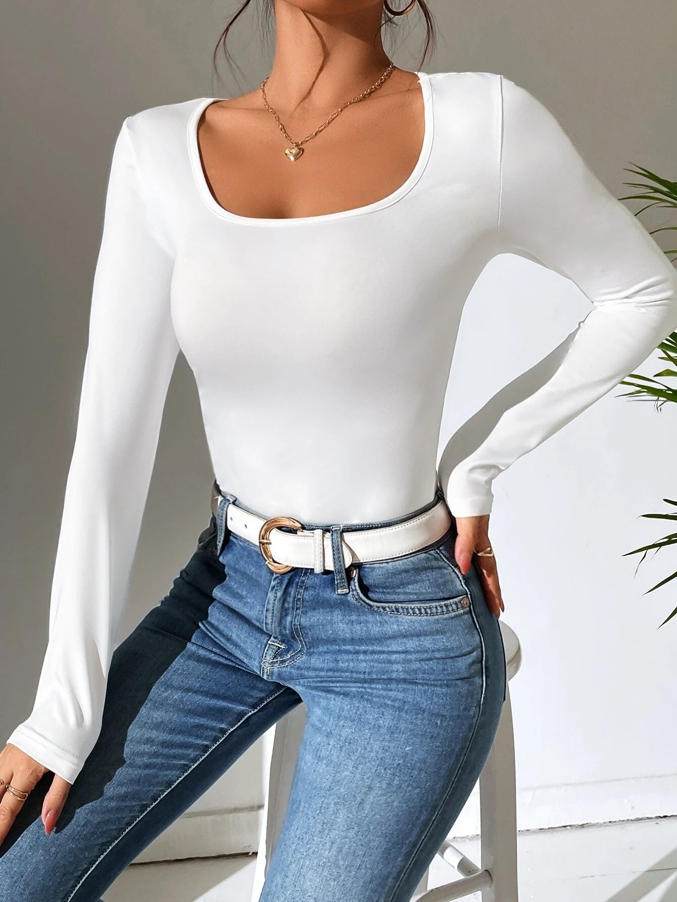 PETITE Scoop Neck Slim Fit Tee shein