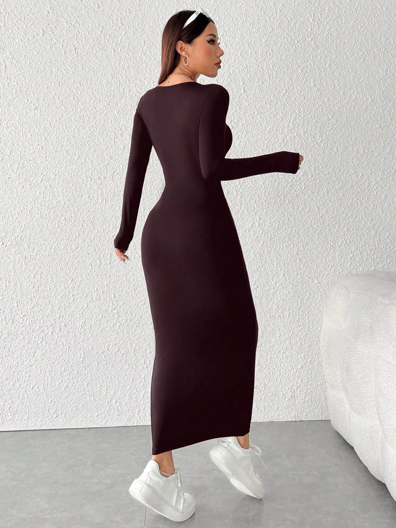 PETITE Solid Color Slim Fit Long Dress shein