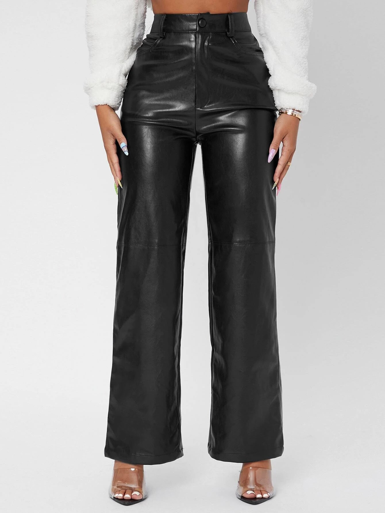 PETITE Solid High Waist Straight Leg PU Leather Going Out Pants shein