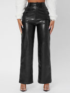 PETITE Solid High Waist Straight Leg PU Leather Going Out Pants shein