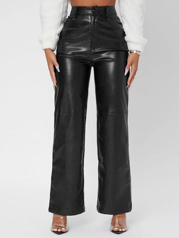 PETITE Solid High Waist Straight Leg PU Leather Going Out Pants shein