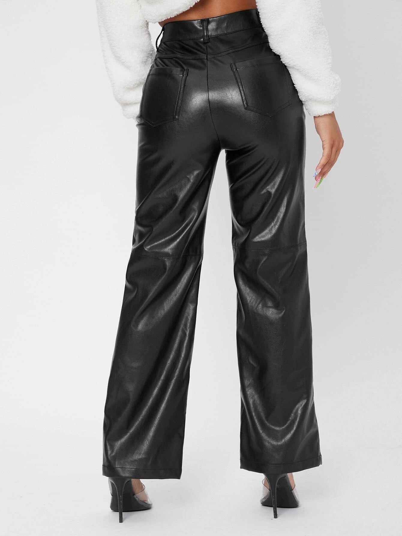 PETITE Solid High Waist Straight Leg PU Leather Going Out Pants shein