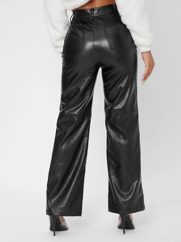 PETITE Solid High Waist Straight Leg PU Leather Going Out Pants shein