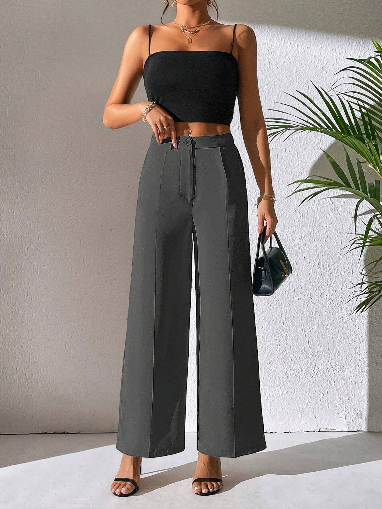 PETITE Solid Wide Leg Pants shein