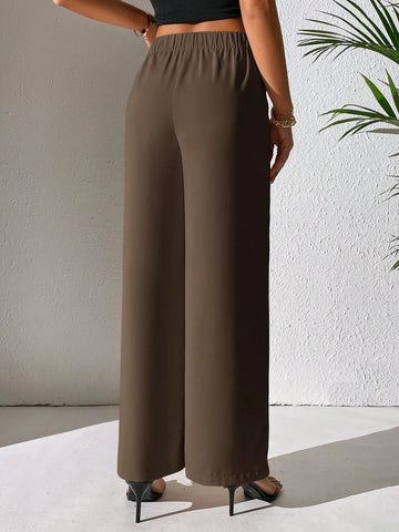 PETITE Solid Wide Leg Pants shein