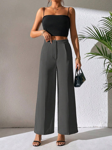 PETITE Solid Wide Leg Pants shein