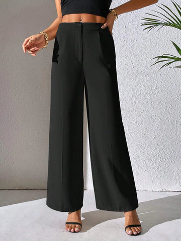 PETITE Solid Wide Leg Pants shein