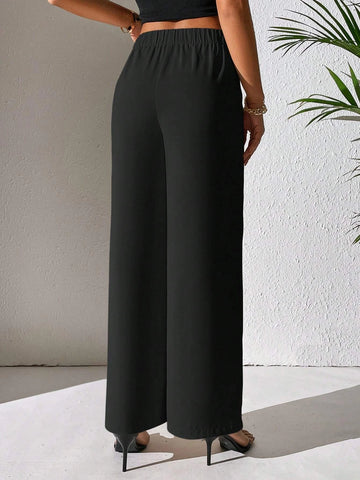 PETITE Solid Wide Leg Pants shein