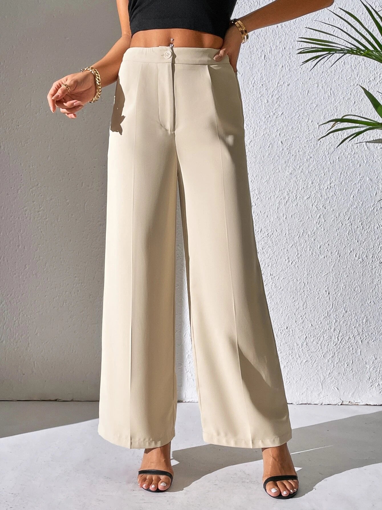 PETITE Solid Wide Leg Pants shein