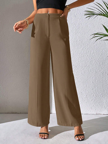 PETITE Solid Wide Leg Pants shein