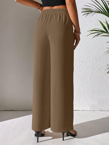 PETITE Solid Wide Leg Pants shein