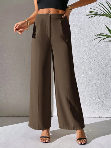 PETITE Solid Wide Leg Pants shein