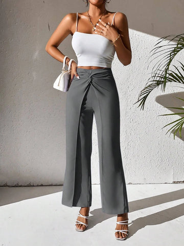 PETITE Twist Front Solid Pants shein