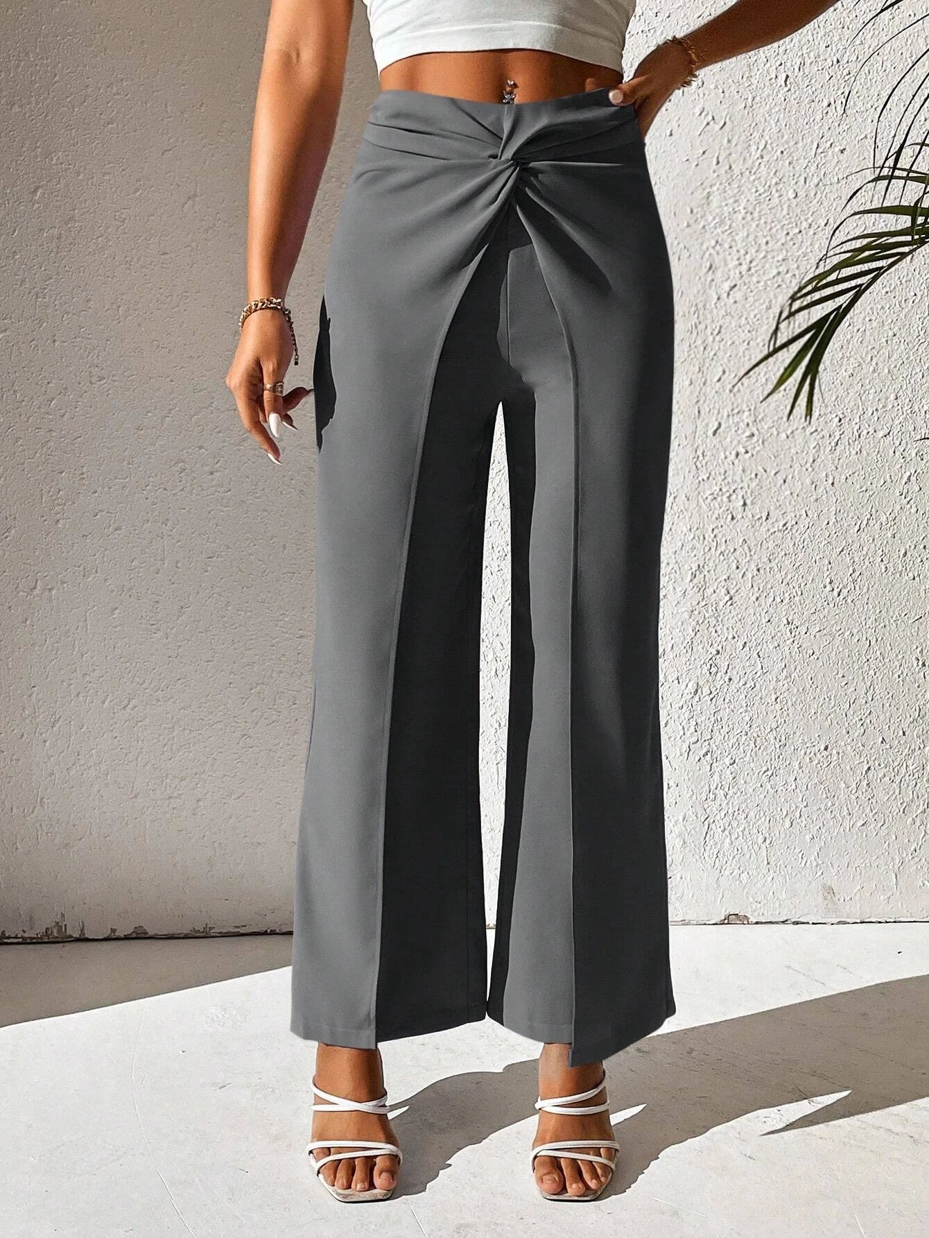 PETITE Twist Front Solid Pants shein