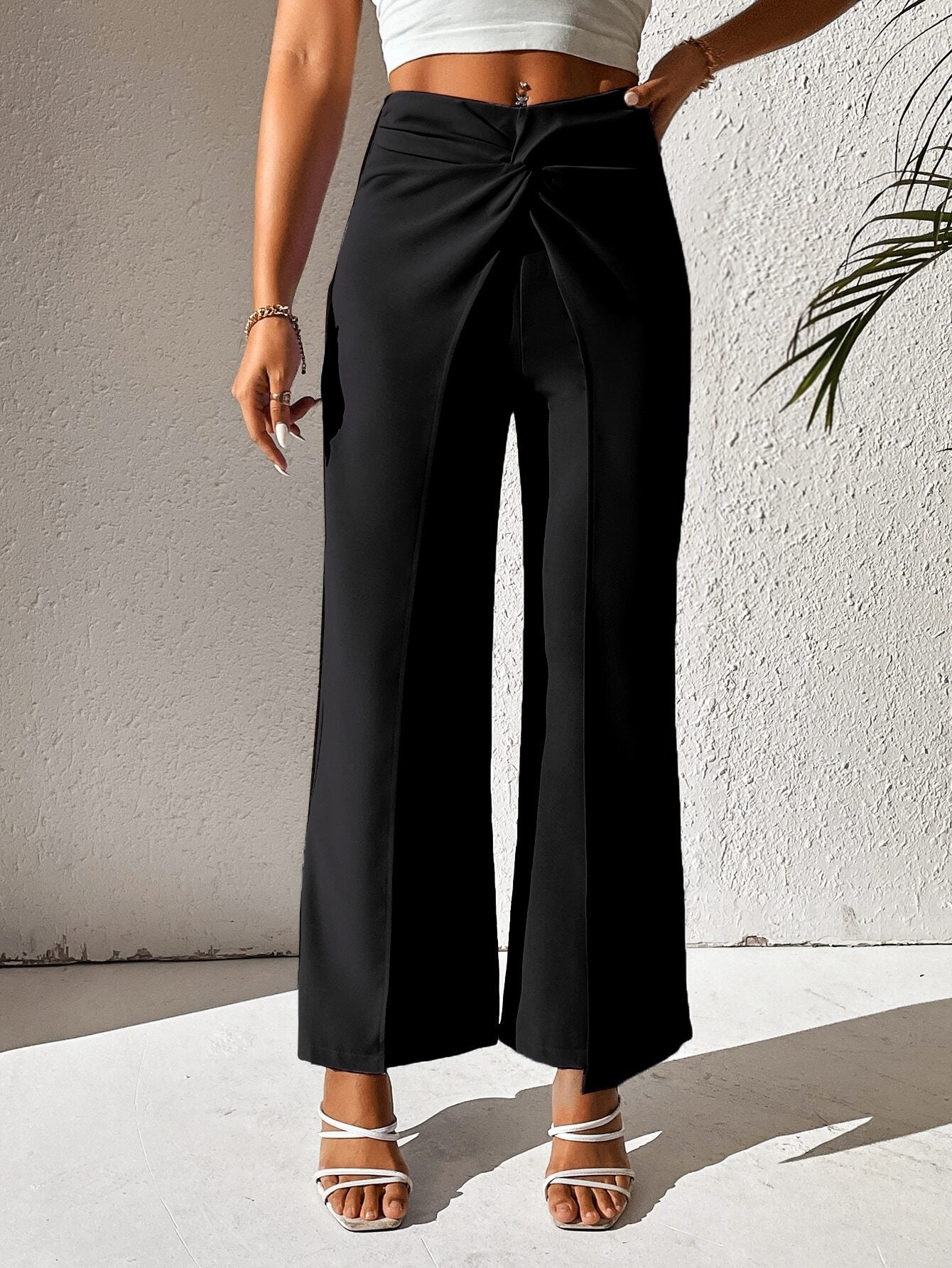 PETITE Twist Front Solid Pants shein