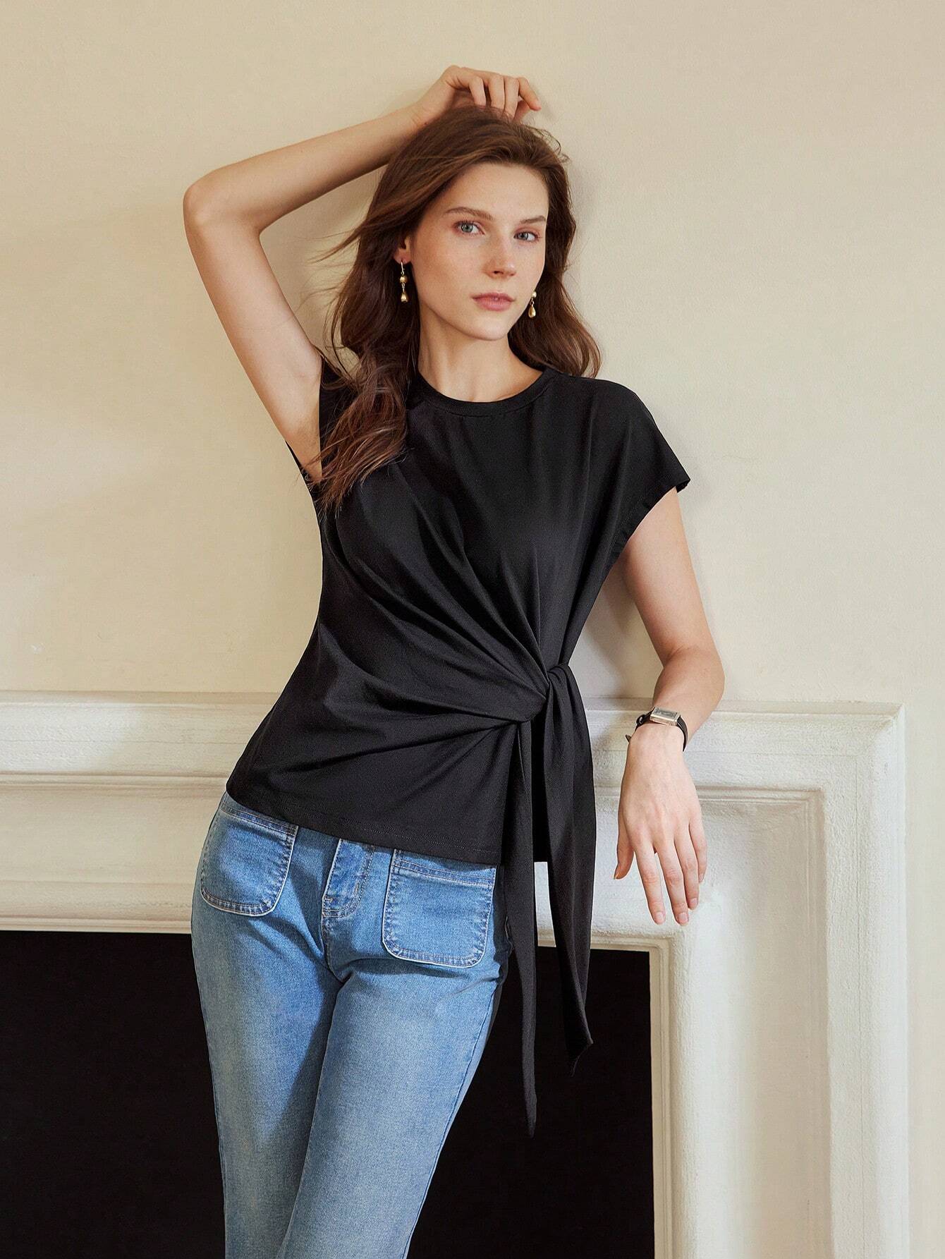 PREMIUM KNOT FRONT CAP SLEEVE T-SHIRT shein