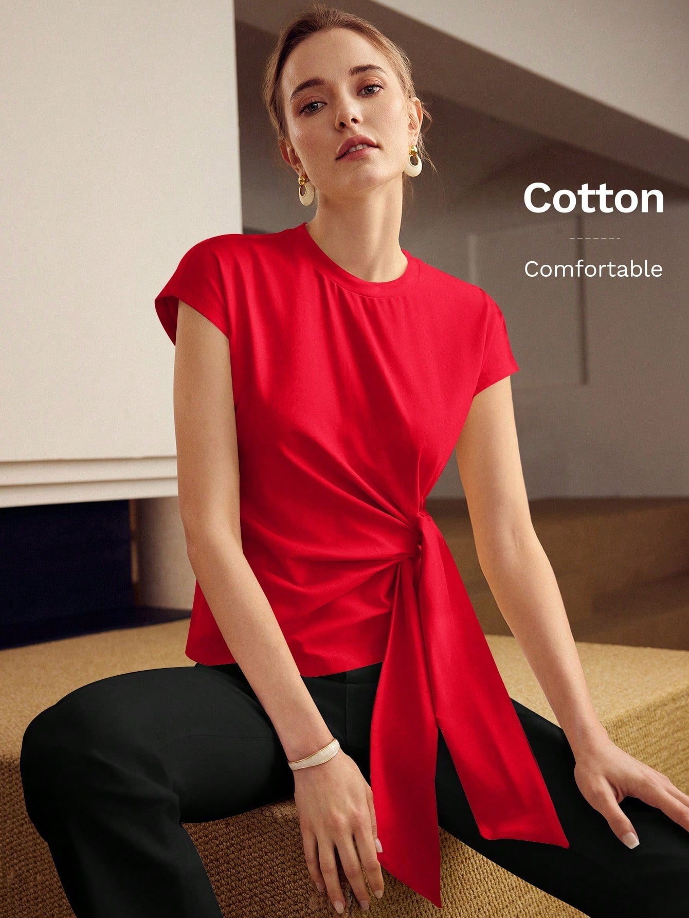 PREMIUM KNOT FRONT CAP SLEEVE T-SHIRT shein