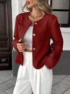 Elegant French Style Woven Round Neck Long Sleeve Regular Fit Green Jacket