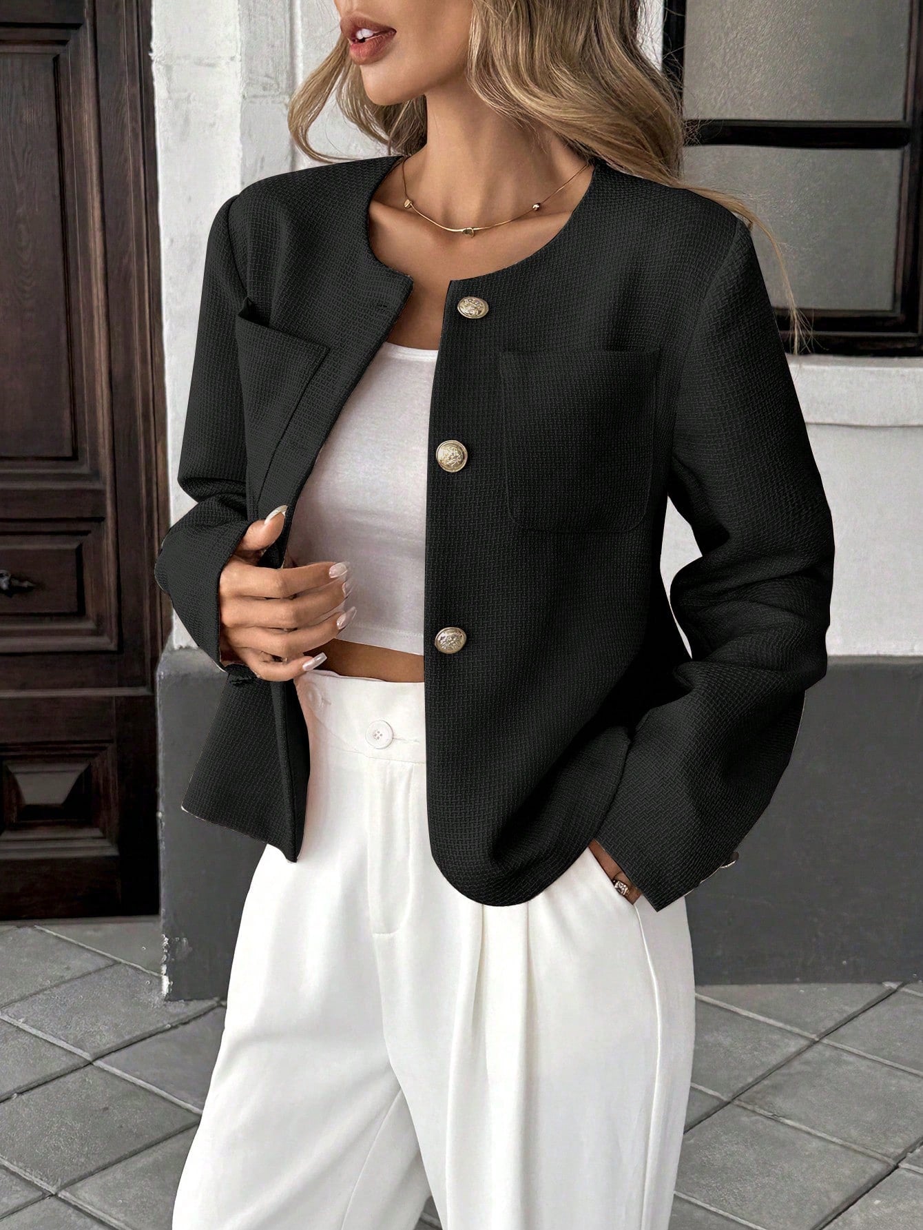 Elegant French Style Woven Round Neck Long Sleeve Regular Fit Green Jacket