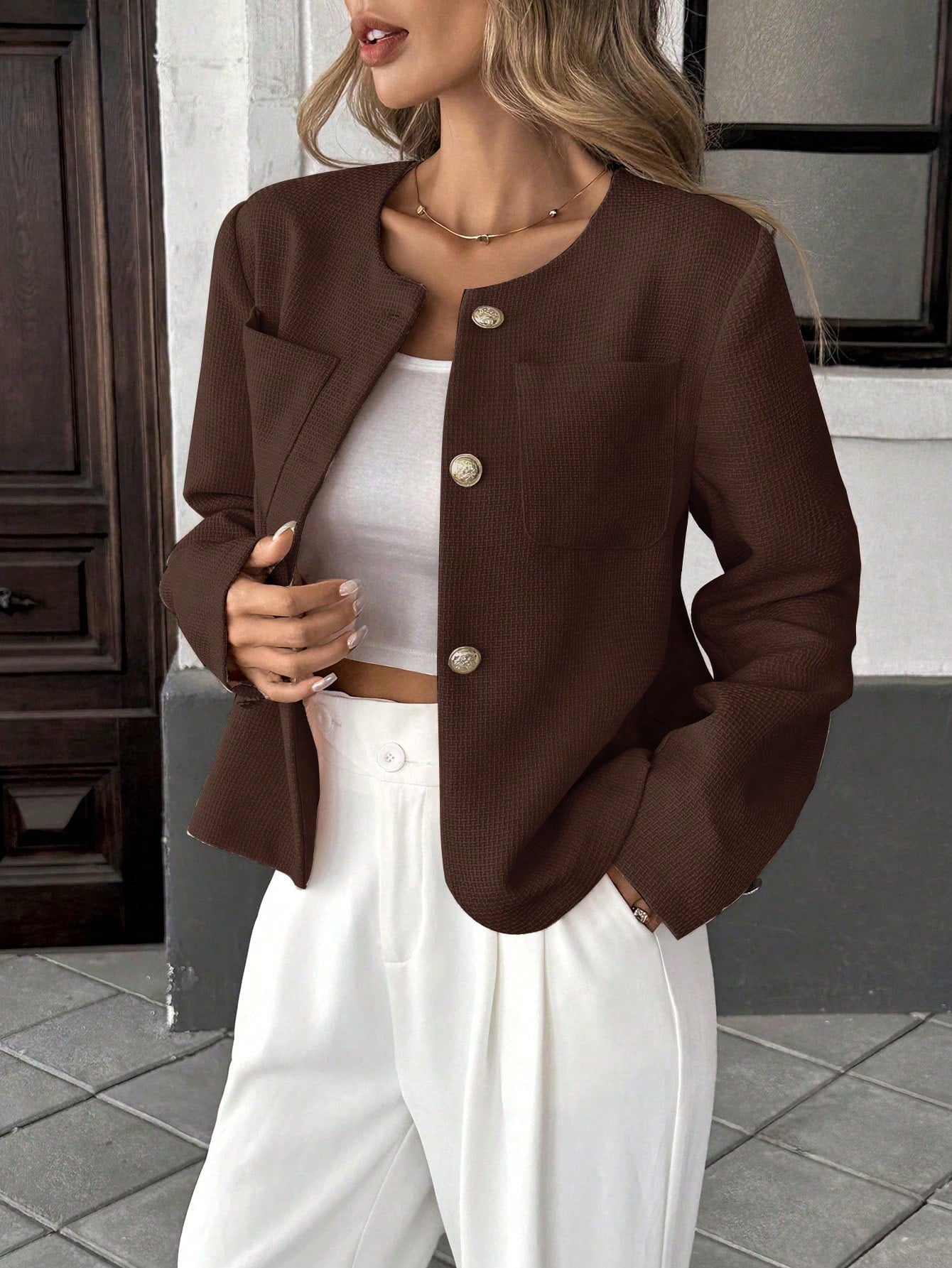 Elegant French Style Woven Round Neck Long Sleeve Regular Fit Green Jacket