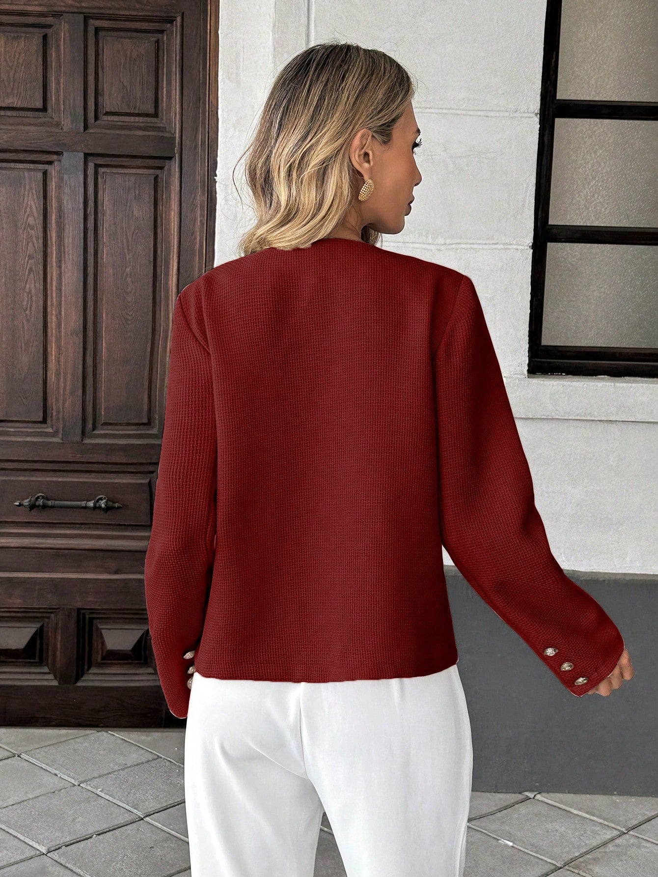 Elegant French Style Woven Round Neck Long Sleeve Regular Fit Green Jacket