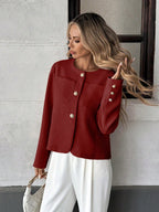 Elegant French Style Woven Round Neck Long Sleeve Regular Fit Green Jacket