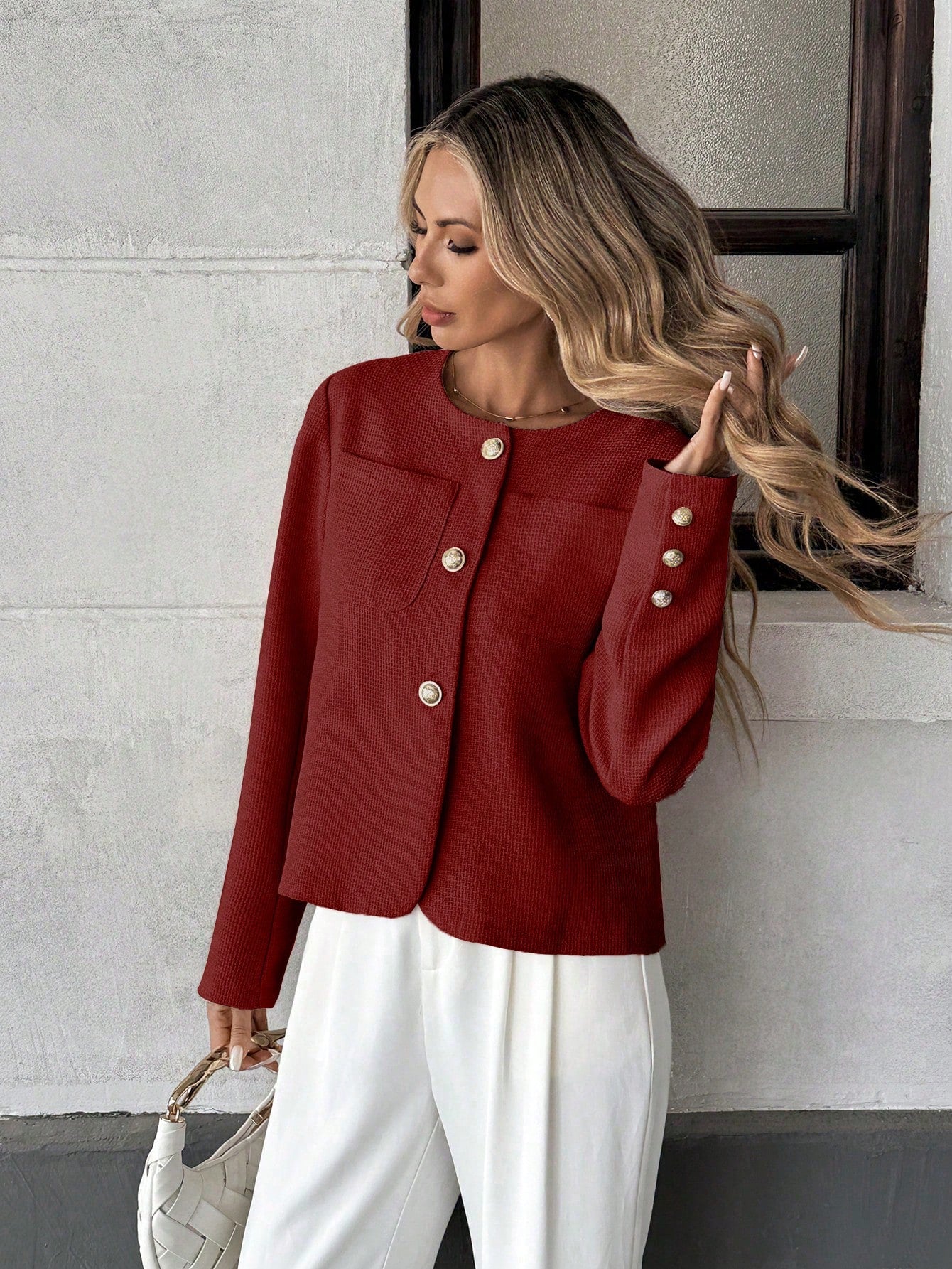 Elegant French Style Woven Round Neck Long Sleeve Regular Fit Green Jacket