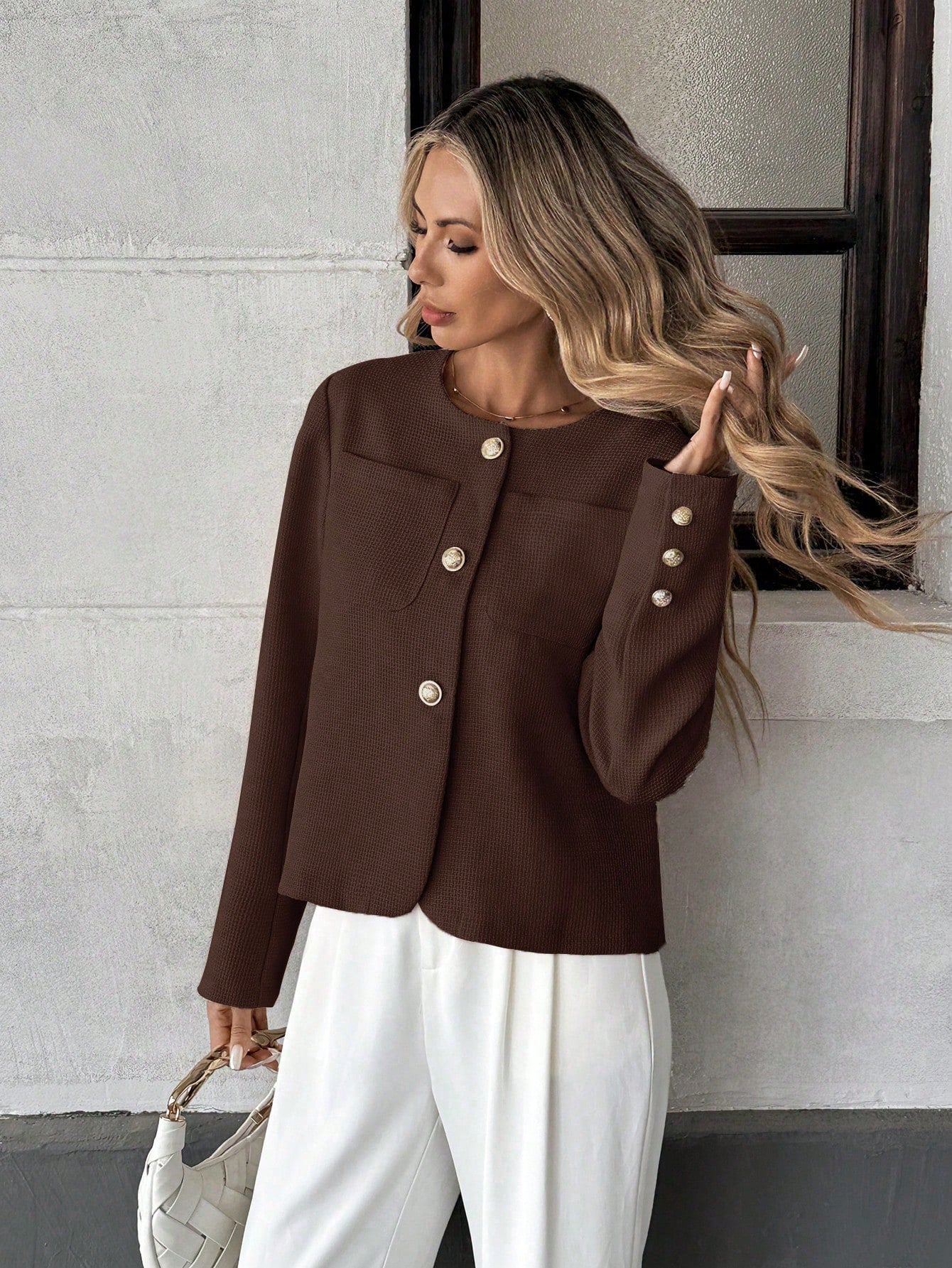 Elegant French Style Woven Round Neck Long Sleeve Regular Fit Green Jacket