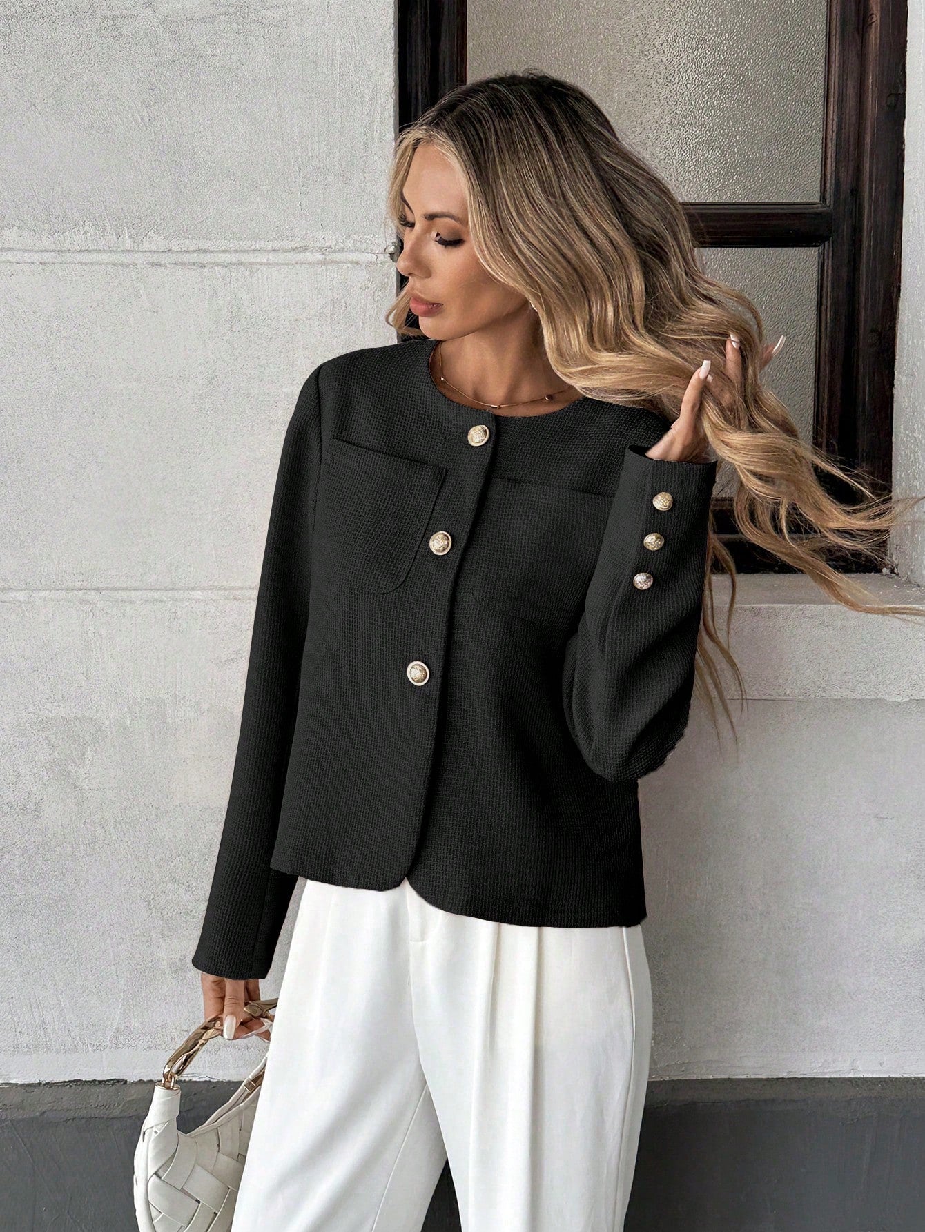 Elegant French Style Woven Round Neck Long Sleeve Regular Fit Green Jacket