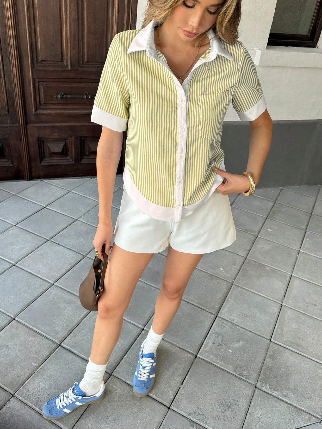 Vacation Striped Patchwork Contrast Pocket Short Sleeve Shirt shein