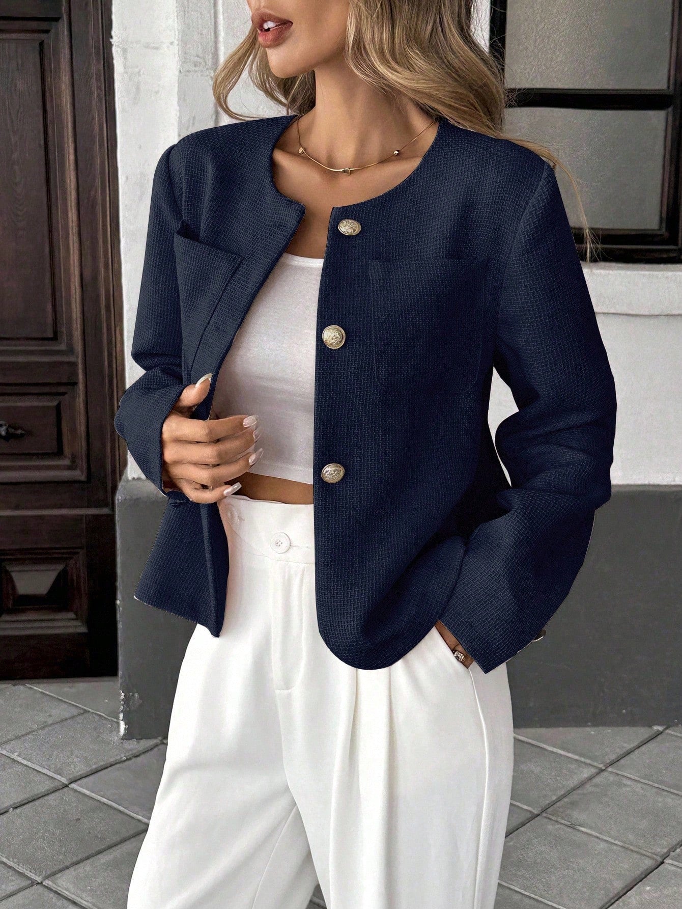 Elegant French Style Woven Round Neck Long Sleeve Regular Fit Green Jacket