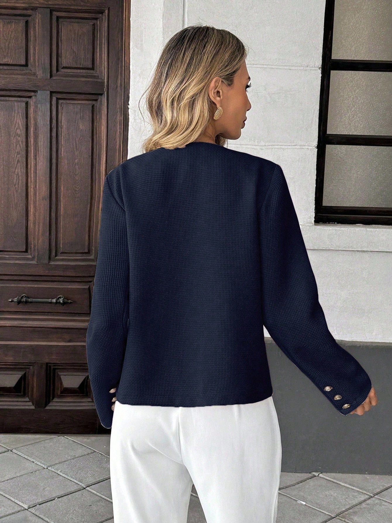 Elegant French Style Woven Round Neck Long Sleeve Regular Fit Green Jacket