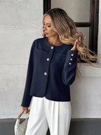 Elegant French Style Woven Round Neck Long Sleeve Regular Fit Green Jacket