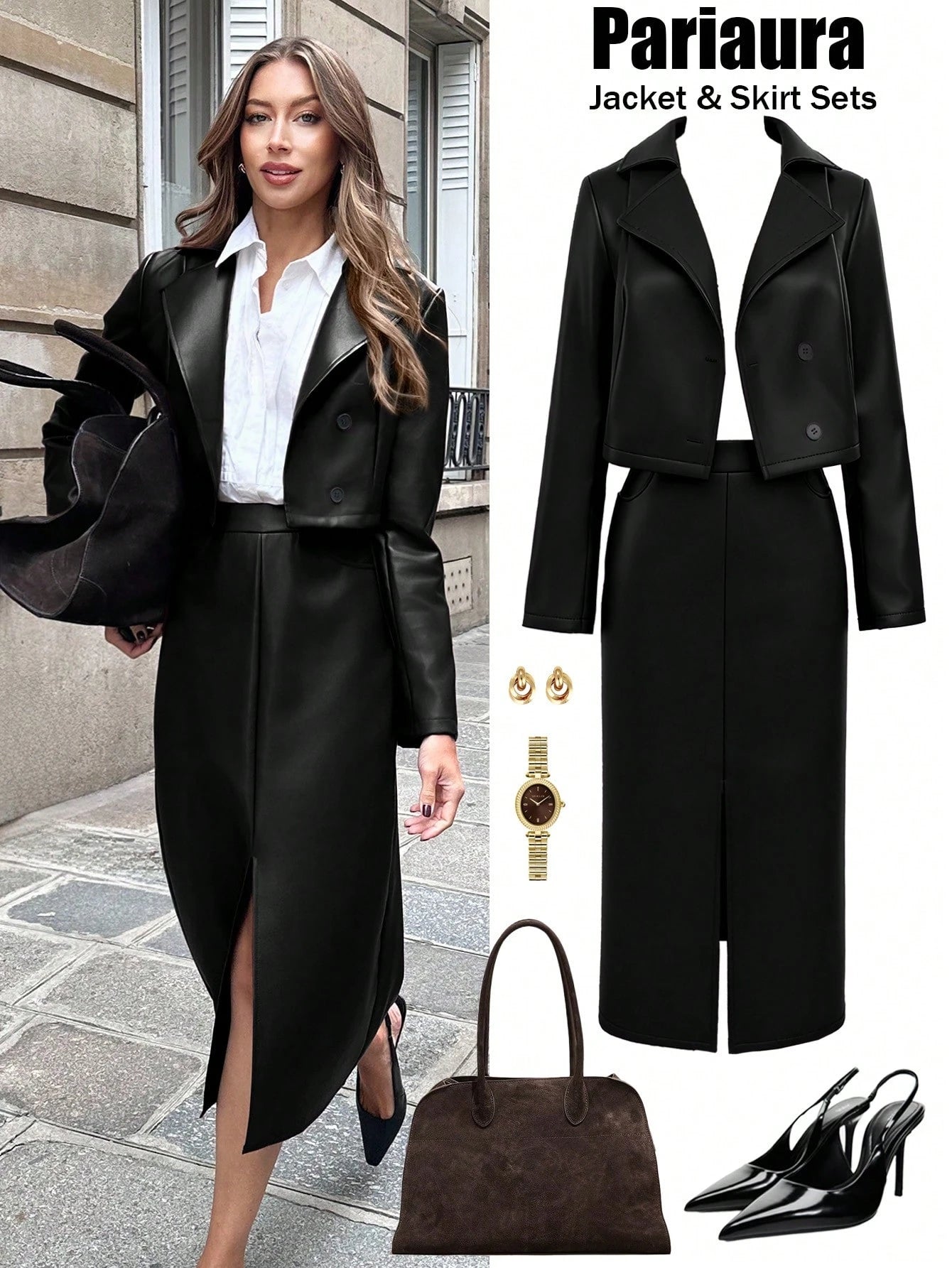 Women's Solid Color Notched Collar PU Leather Jacket And Pocket Skirt Suit shein