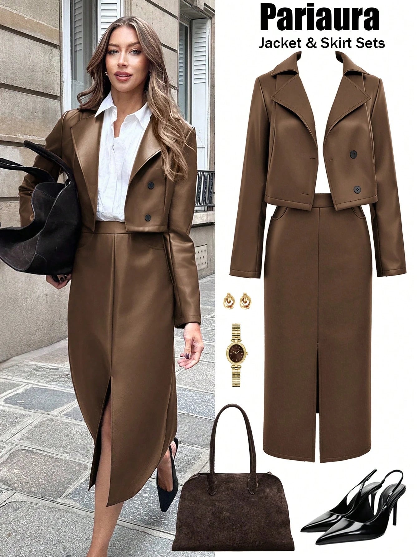 Women's Solid Color Notched Collar PU Leather Jacket And Pocket Skirt Suit shein