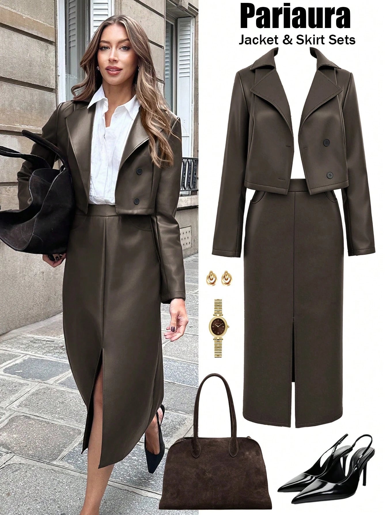 Women's Solid Color Notched Collar PU Leather Jacket And Pocket Skirt Suit shein