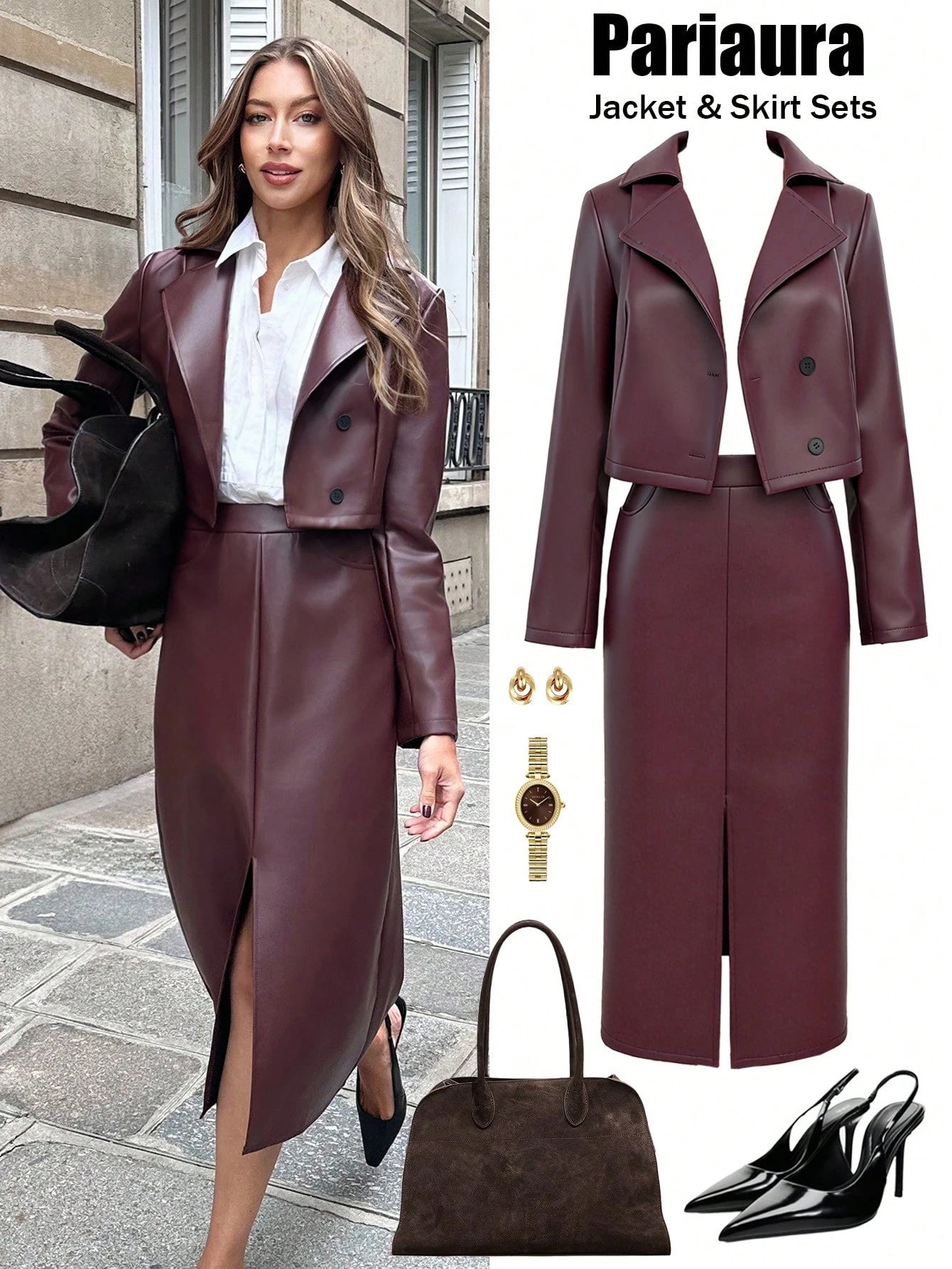 Women's Solid Color Notched Collar PU Leather Jacket And Pocket Skirt Suit shein