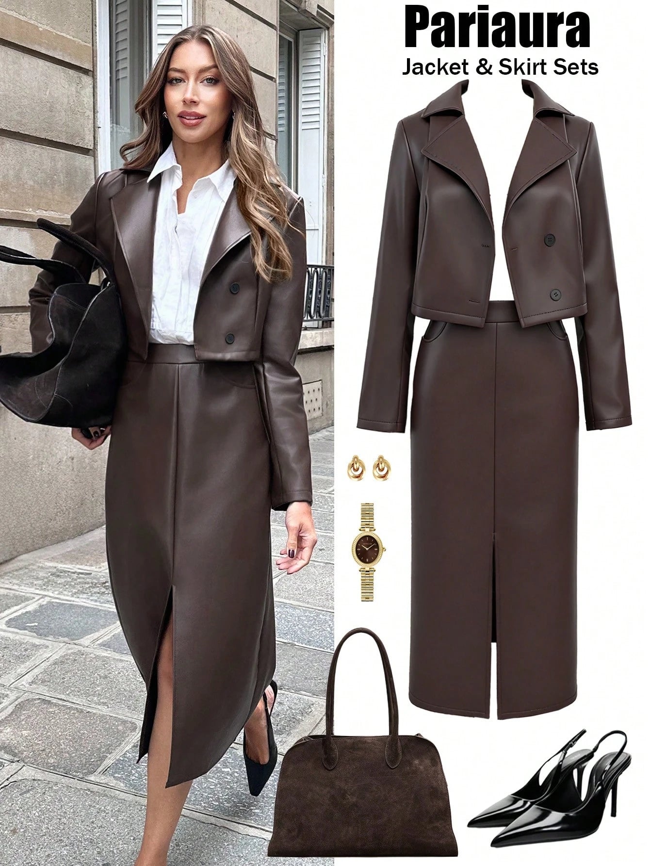 Women's Solid Color Notched Collar PU Leather Jacket And Pocket Skirt Suit shein