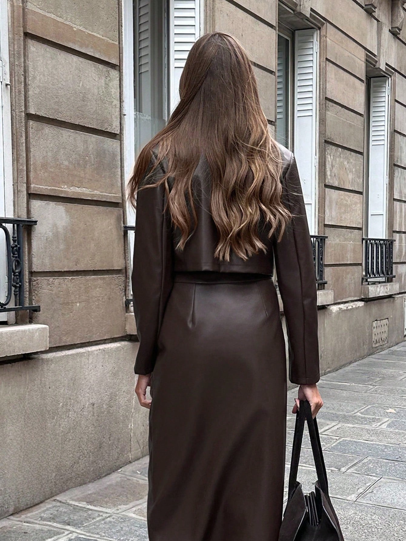 Women's Solid Color Notched Collar PU Leather Jacket And Pocket Skirt Suit shein