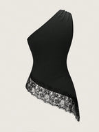 One-Shoulder Metal Lace Patchwork Asymmetric Hem Camisole shein